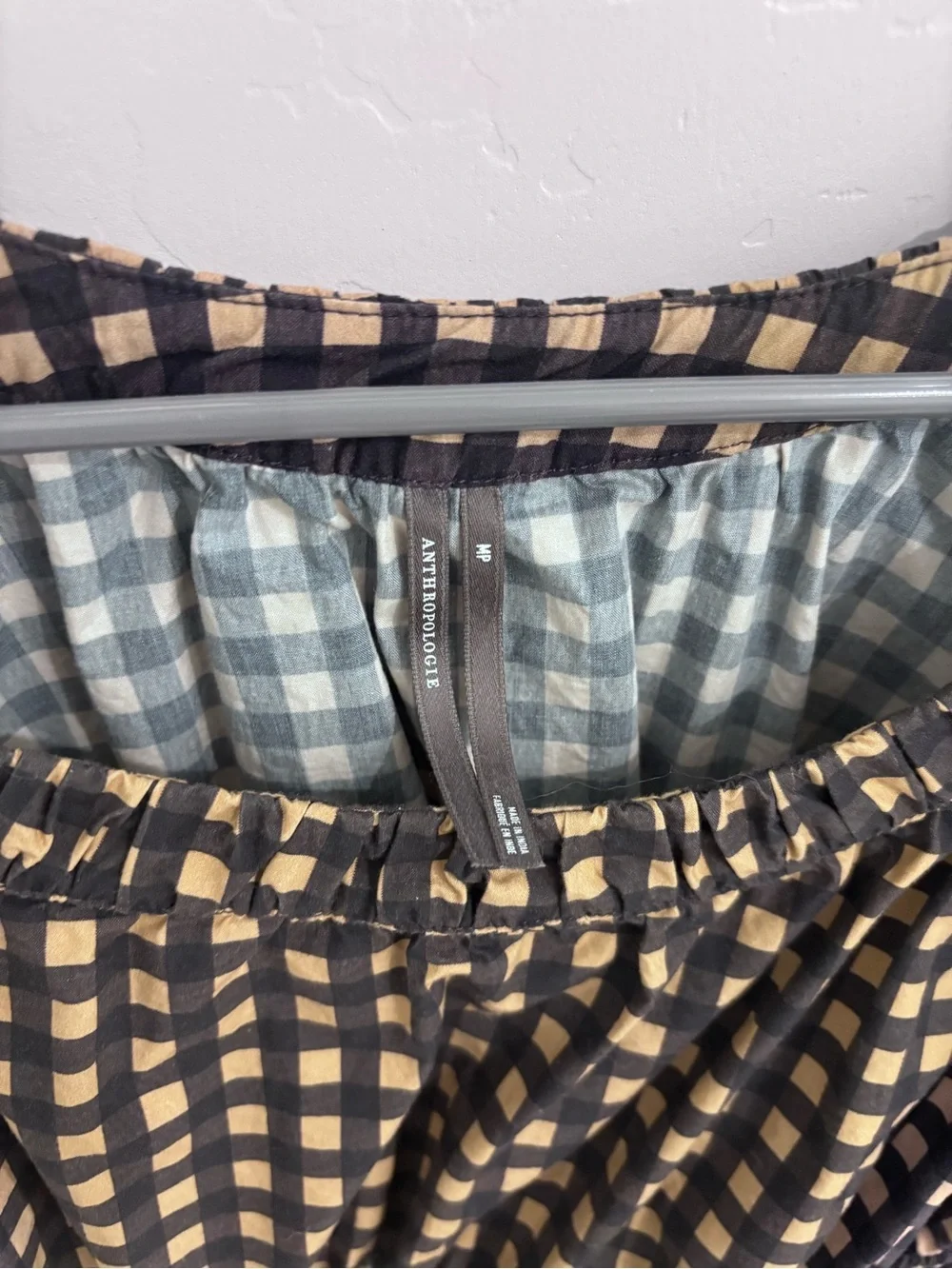 Anthropologie Smoked Waist Plaid Peasant Blouse - Black & Cream